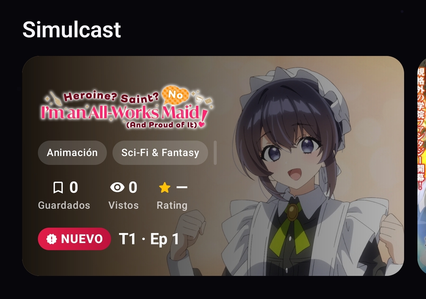 Carrusel simulcast de Noda! con guardados, vistos y rating